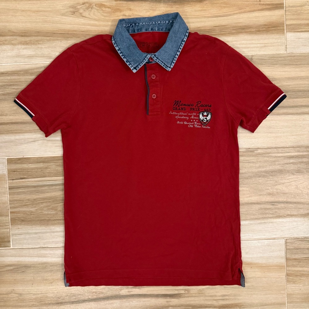 LCW Casual Monaco Racers Grand Prix Red Polo Shirt Denim Collar Mens Small